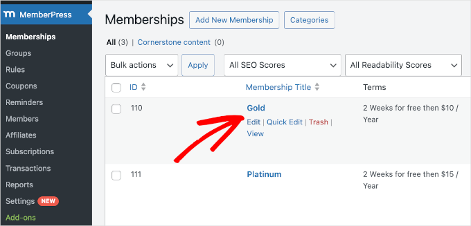 Editing a membership level