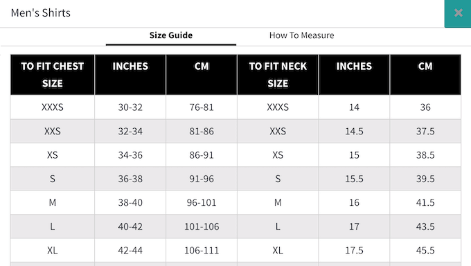 An example of a product size chart, created using a Dotstore plugin