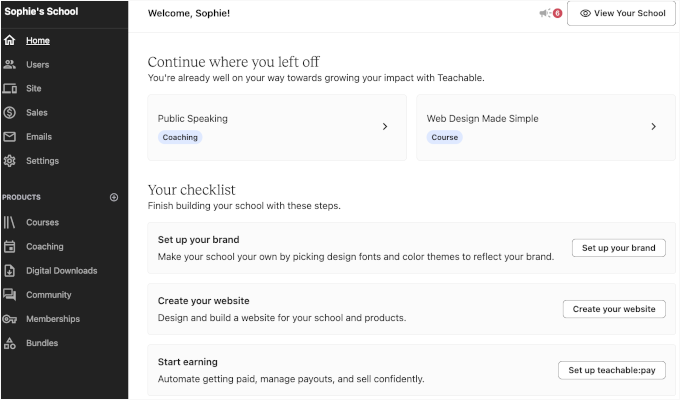 Teachable's dashboard