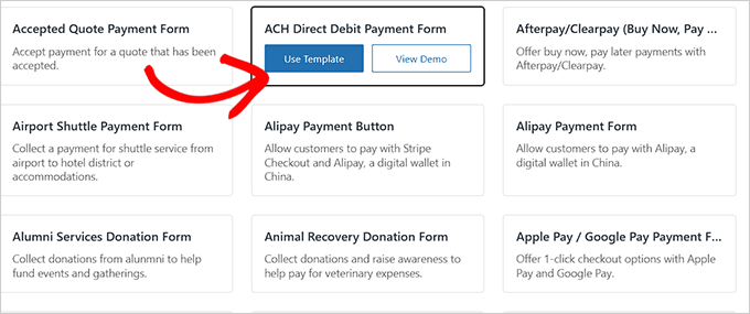 Choose the ACH Direct Debit Payment Form template