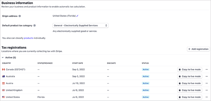 Activate the tax settings in the Stripe dashboard