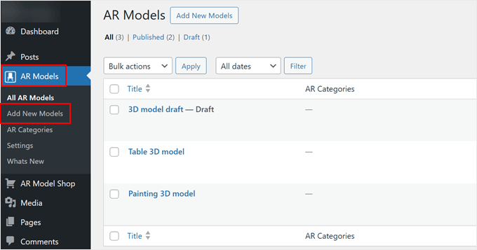 Adding a new 3D model in AR for WordPress