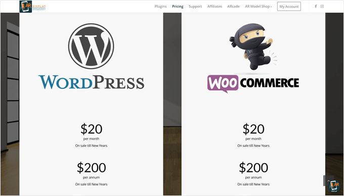 AR for WordPress pricing page