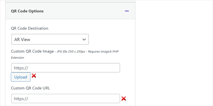 QR code settings in AR for WordPress