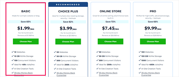 Choose Bluehost plan