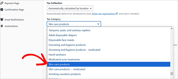 Choose a tax category for your products