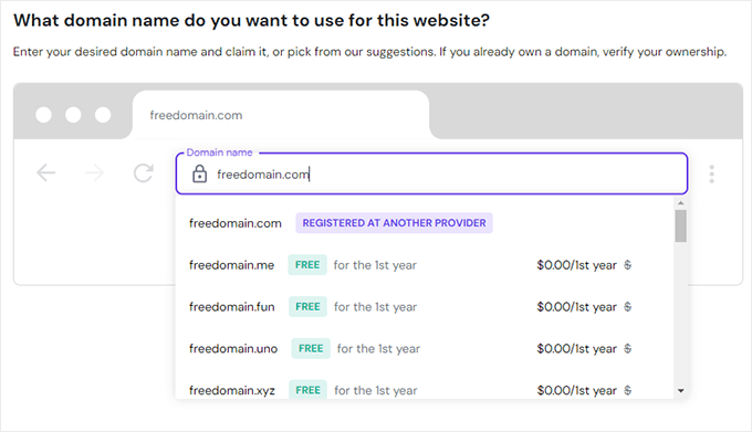 Select your free domain name