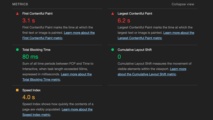 Google Lighthouse Performance Report Expanded View