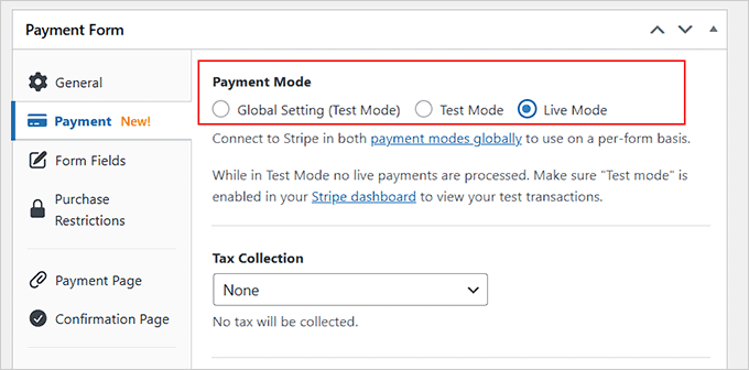 Switch payment form to live mode