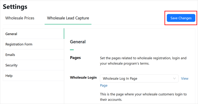 Saving changes to Wholesale Registration Form settings