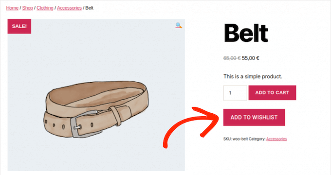 An example of a wishlist feature, created using a WordPress plugin