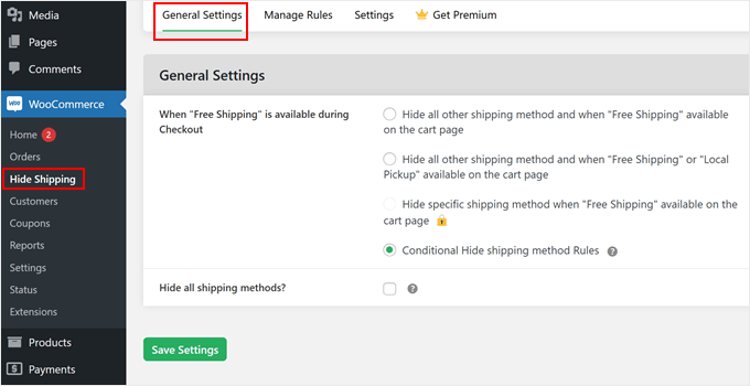 Hide Shipping for WooCommerce general settings