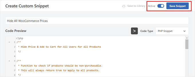 Creating a custom code to hide WooCommerce prices for all users in WPCode