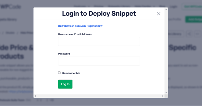 Logging in to deploy a WPCode code snippet