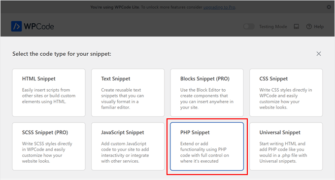 Choosing PHP snippet in WPCode