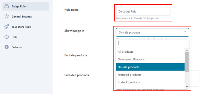 Choosing what type of products the badge should appear in using YITH