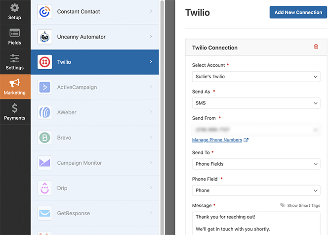 Send SMS messages via Twilio using WPForms