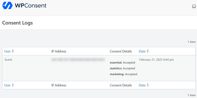 WPConsent Logs согласия